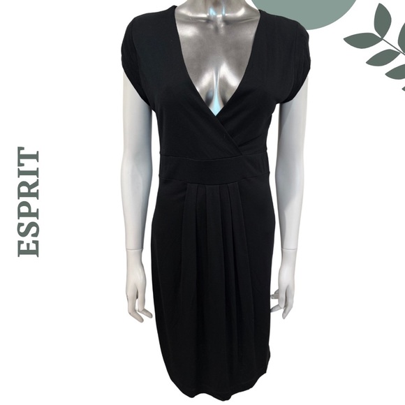 🛍️3/$40 Esprit Black Deep V Midi Dress Short Sleeve Stretch Lightweight Medium - Picture 1 of 8